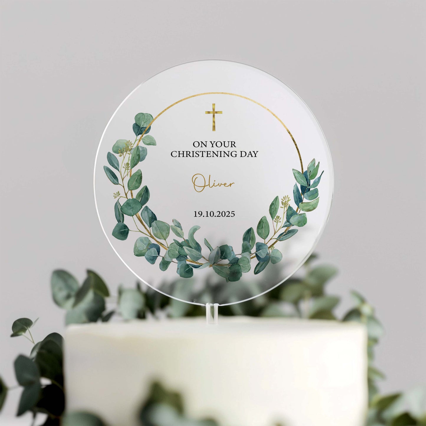 Eucalyptus Wreath Christening Cake Topper – Personalised with Name & Date