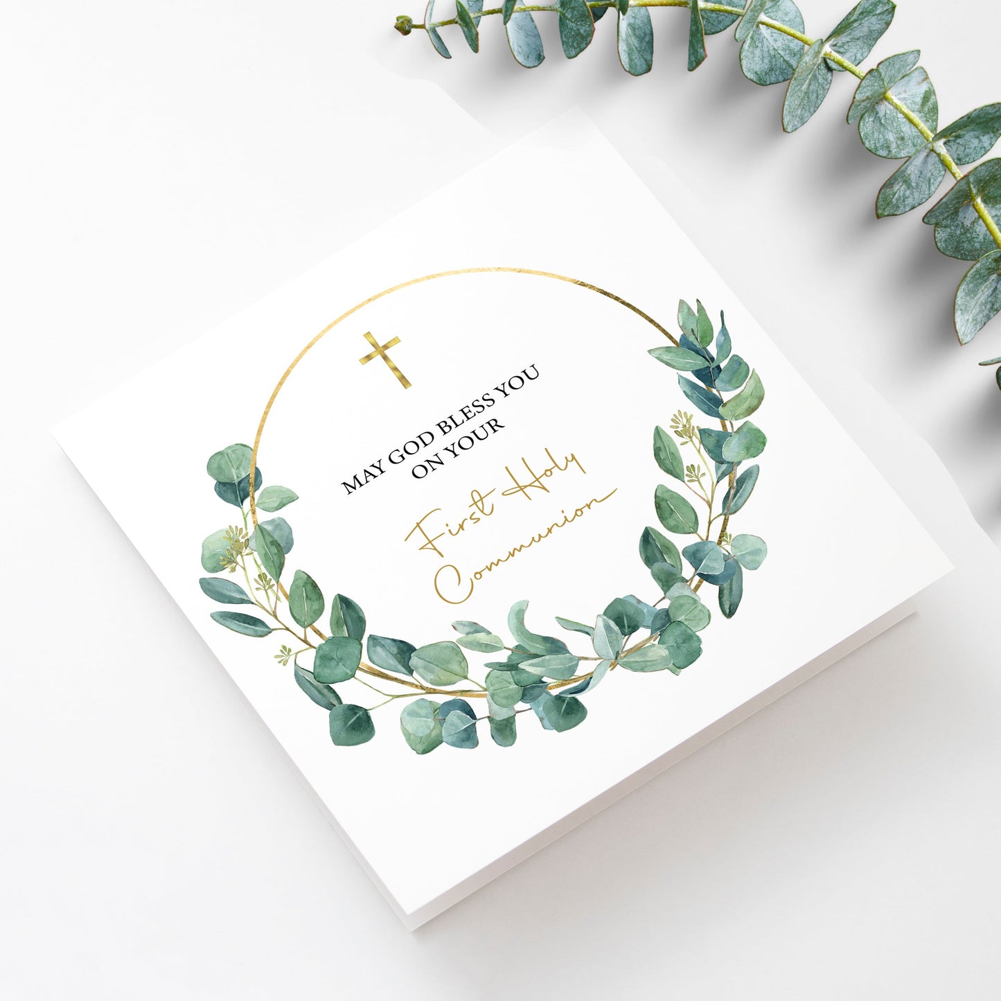 First Holy Communion card with eucalyptus design