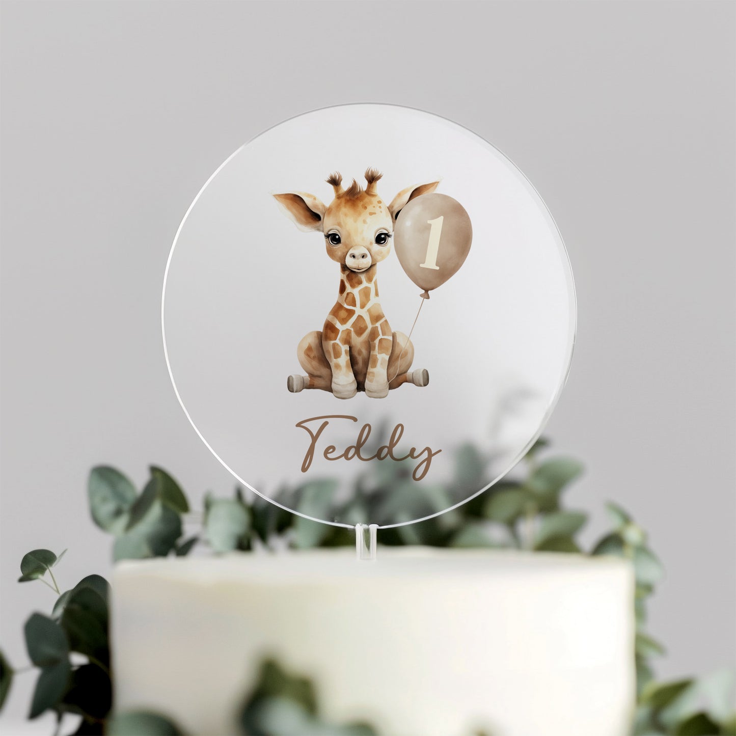 Personalised Giraffe Cake Topper – Beige Balloon First Birthday