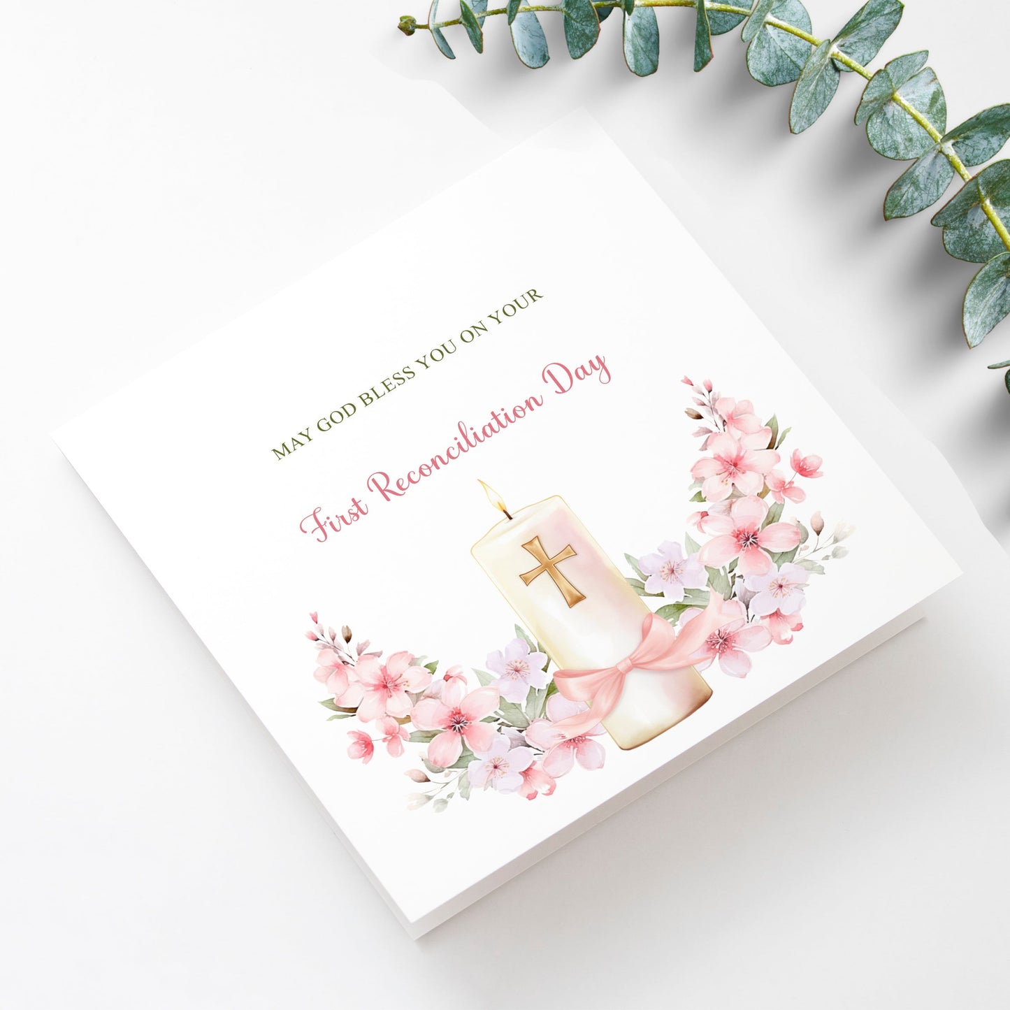 First Reconciliation card with pink floral candle design