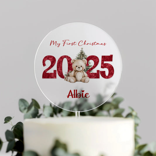 Personalised 2025 My First Christmas Cake Topper – Teddy Bear Design
