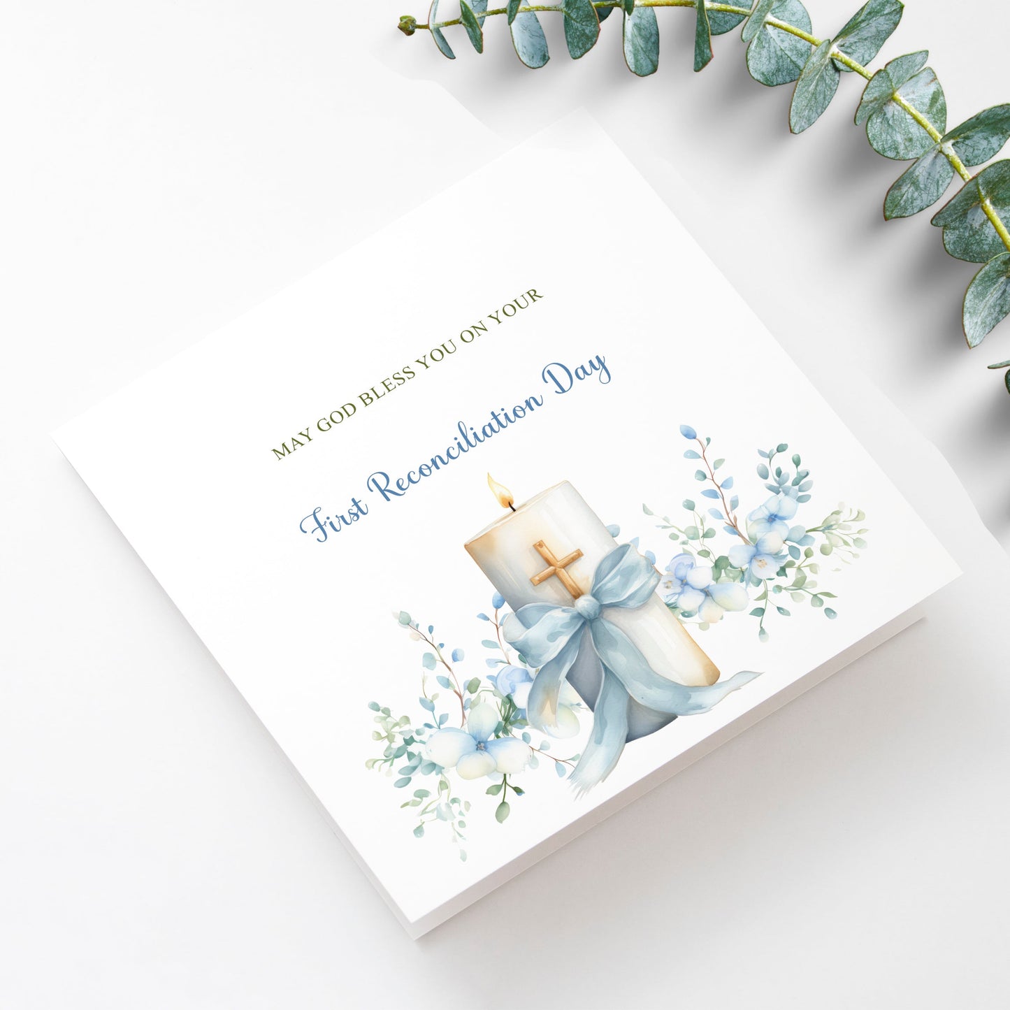 First Reconciliation card with blue floral candle design