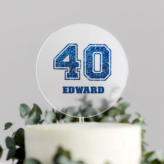 Blue Glitter Varsity Cake Topper – Personalised with Any Age & Name