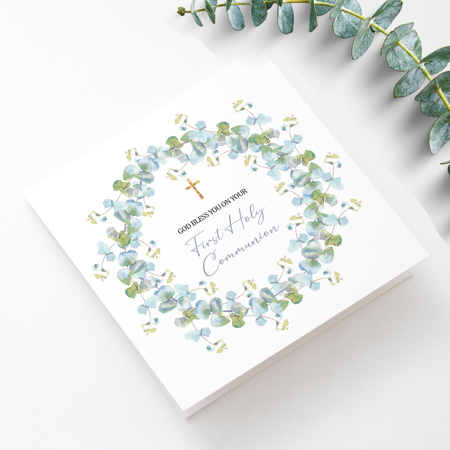 First Holy Communion card with blue & green floral wreath design