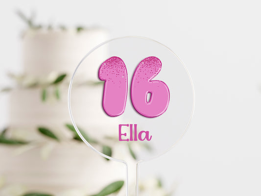 Bubble gum Pink Glitter Age Cake Topper – Personalised Birthday Decoration