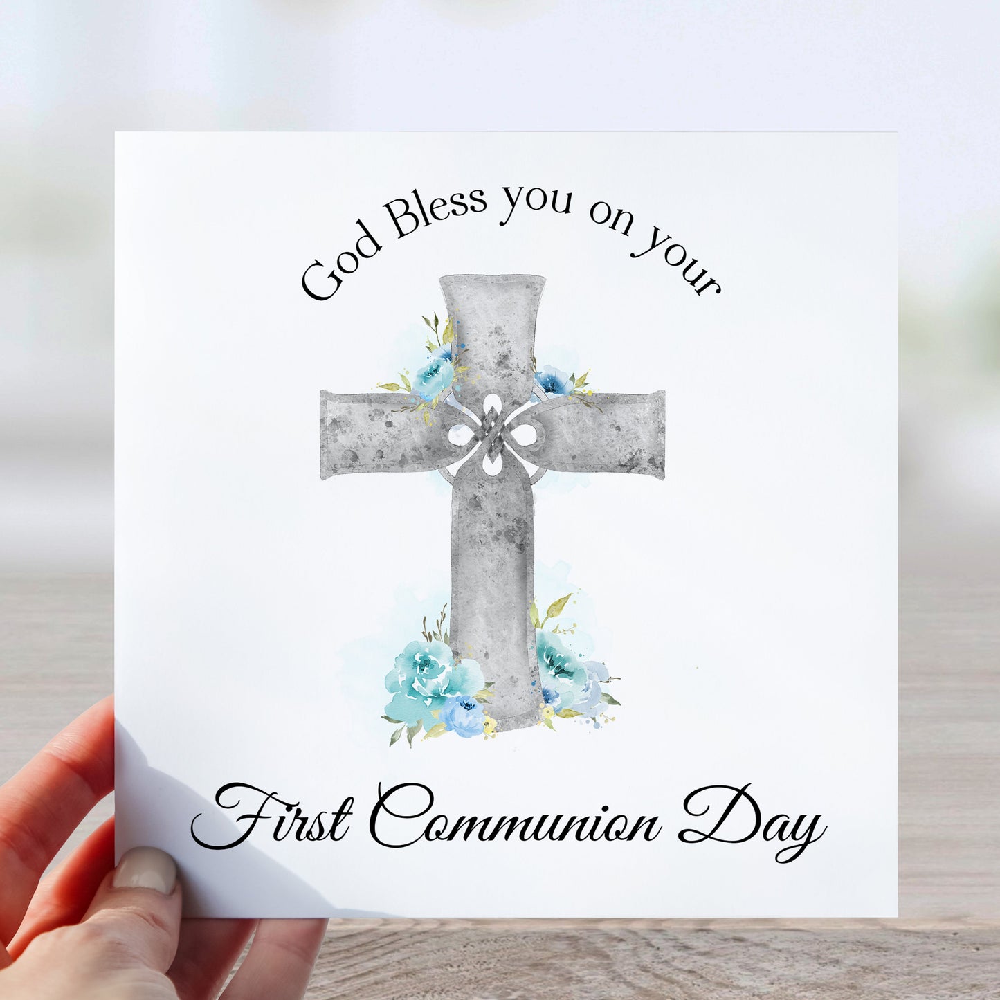 First Holy Communion card with blue Celtic cross design