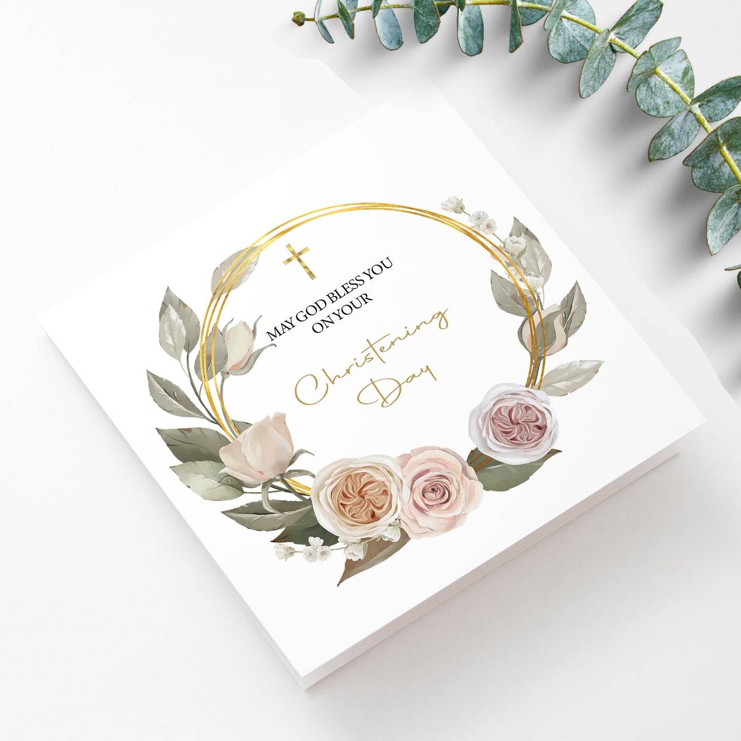 Christening card with cream rose wreath design