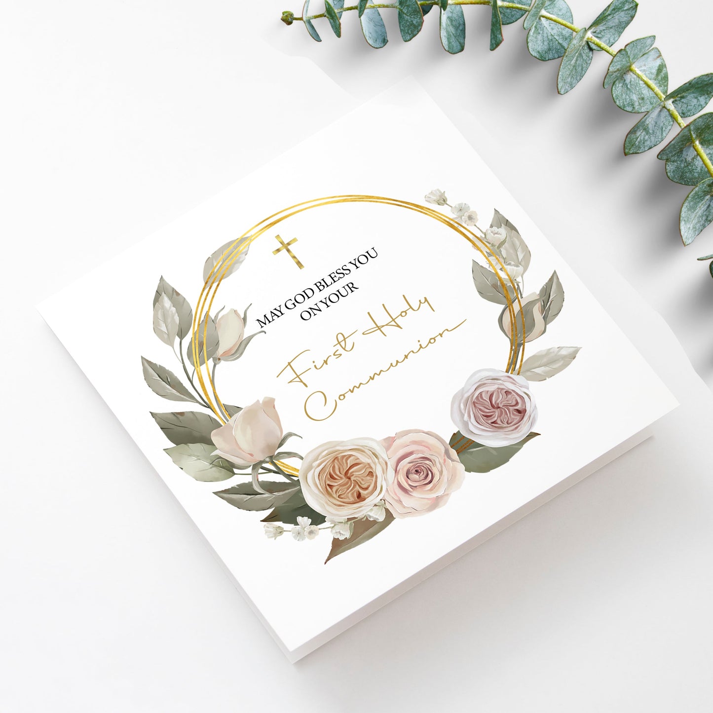 First Communion card with cream rose wreath design