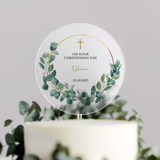 Eucalyptus Wreath Christening Cake Topper – Personalised with Name & Date