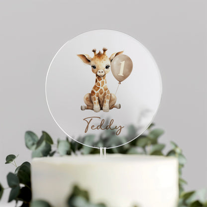 Personalised Giraffe Cake Topper – Beige Balloon First Birthday