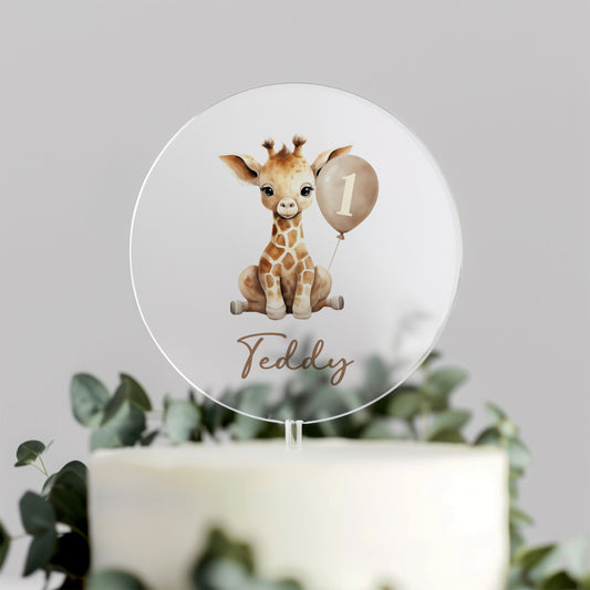 Personalised Giraffe Cake Topper – Beige Balloon First Birthday