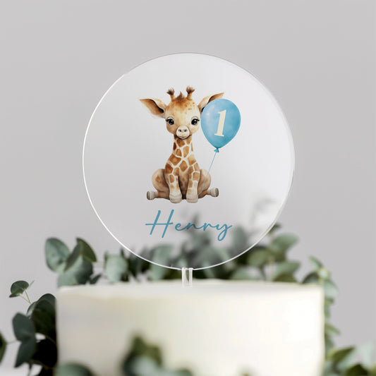Personalised Giraffe Cake Topper – Blue Balloon 1st Birthday