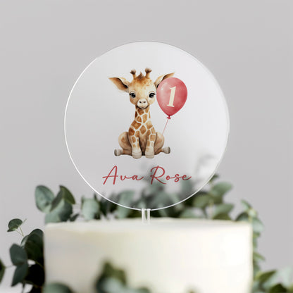 Personalised Giraffe Cake Topper – Pink Balloon 1st Birthday