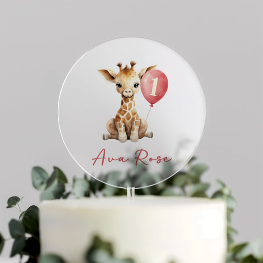 Personalised Giraffe Cake Topper – Pink Balloon 1st Birthday