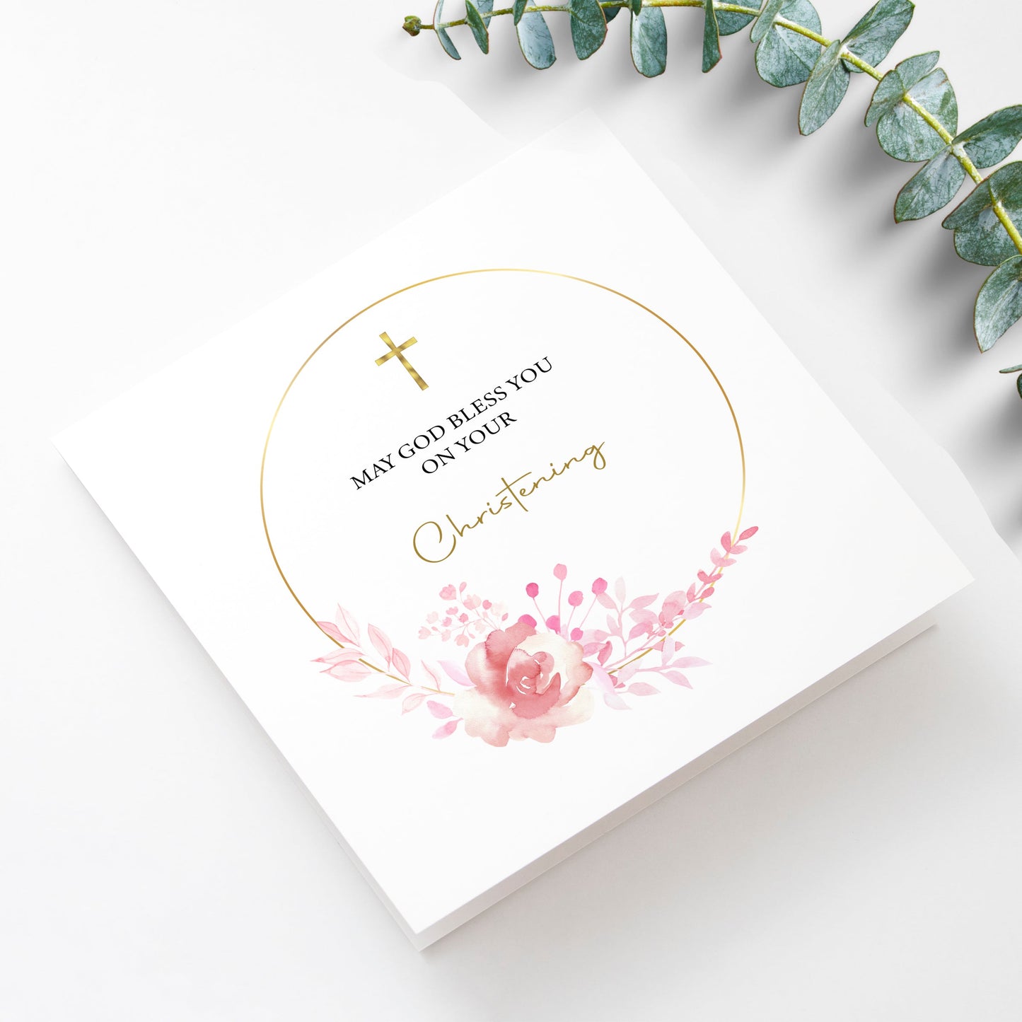 Christening card with pink floral frame design