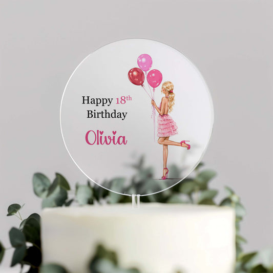 Personalised Acrylic Birthday Cake Topper – Any Age & Name – Pink Balloons Girl Design (Blonde)
