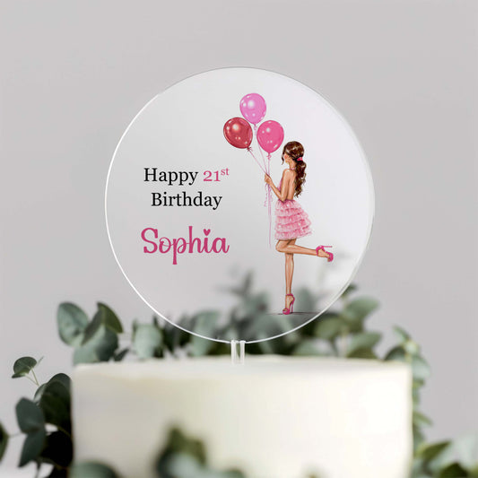 Personalised Acrylic Birthday Cake Topper – Any Age & Name – Pink Balloons Girl Design (Brunette)