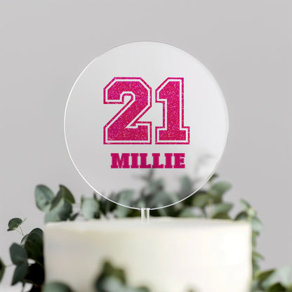 Pink Glitter Varsity Cake Topper – Any Age Personalised Birthday Decoration