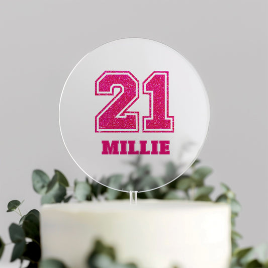 Pink Glitter Varsity Cake Topper – Any Age Personalised Birthday Decoration