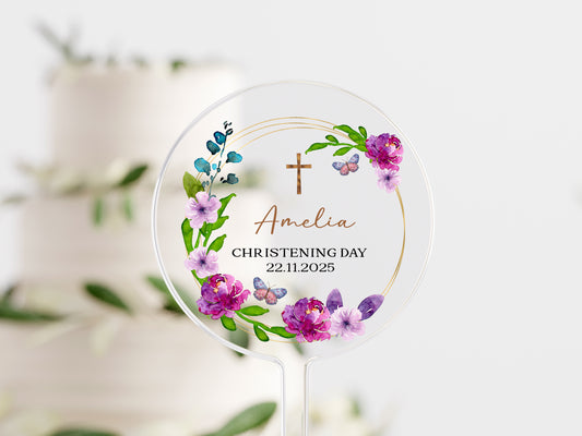 Personalised Christening Cake Topper – Purple Floral & Gold Cross Design