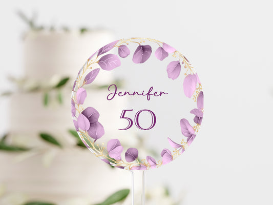 Personalised Purple Eucalyptus Cake Topper – Milestone Birthday Decoration