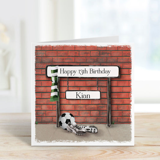 Personalised scarf and street sign football birthday card